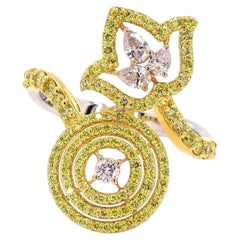 Floral Circle Bypass Fancy Natural Diamond Ring in 18k Solid Gold (Certified)