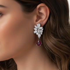 Floral Cluster Diamond 18K White Gold Ruby Drop Earrings