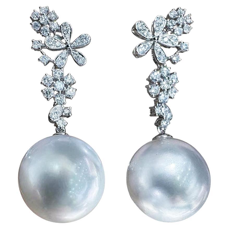 【Vine Symphony】Floral Cluster Diamond Aurora South Sea Pearl Gala Earrings For Sale