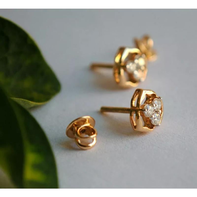 Round Cut Floral Cluster Ear Stud Three Diamond 14k Gold Earring For Sale