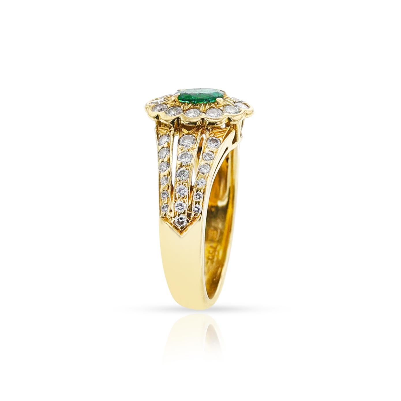 Floral Cluster Emerald and Diamond Ring, 18 Karat Yellow Gold For Sale 2