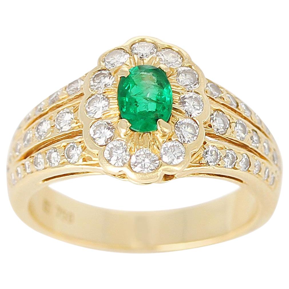 A Floral Emerald and Diamond Ring in 18 Karat Yellow Gold. Emerald Weight: 0.40 carats, Diamond Weight: 0.70 carats. Total Weight: 5.52 grams, Ring Size US 6. 

SKU: 75-FEJRTU