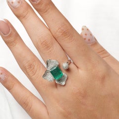4.81 Carat Natural Emerald & Diamond Floral Open Cuff Ring, 14k White Gold