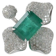 Floral Cluster Natural Emerald & Diamond Ring in 14k Solid Gold (Certified)
