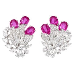 Pendientes de botón con rubí natural y diamantes en forma de ramo floral, en oro macizo de 14k (certificados)