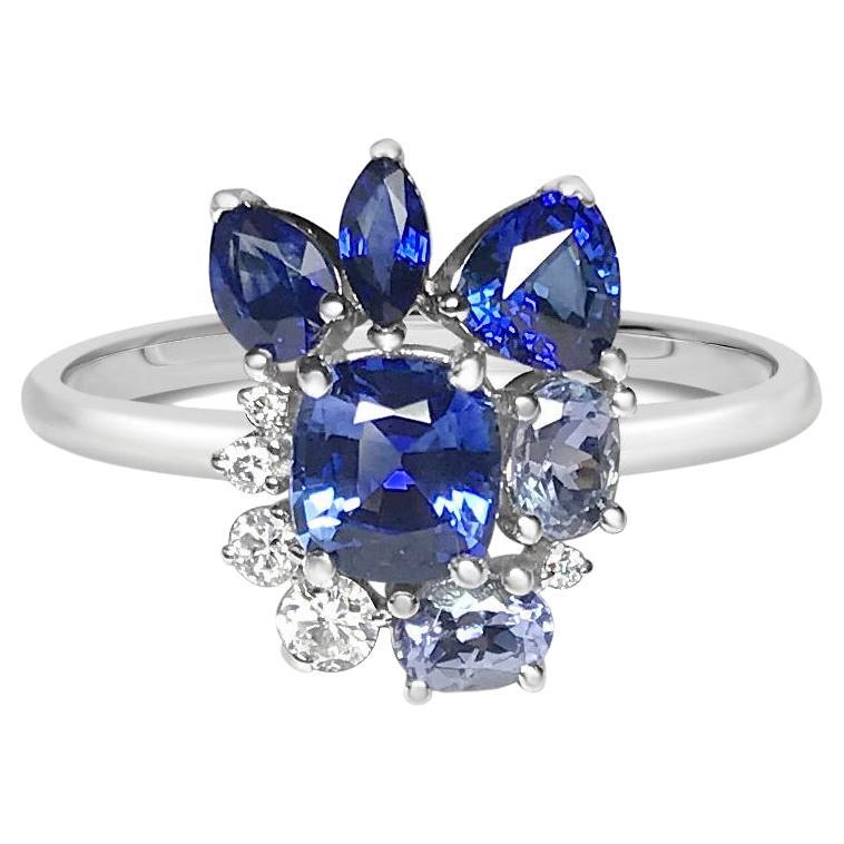 Floral Cluster Sapphire (1.03ct), Diamond and Tanzanite Ring in White Gold 14k For Sale