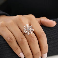0.70 Carat Floral Halo Natural Diamond Cluster Split-Shank Ring, 14k Rose Gold