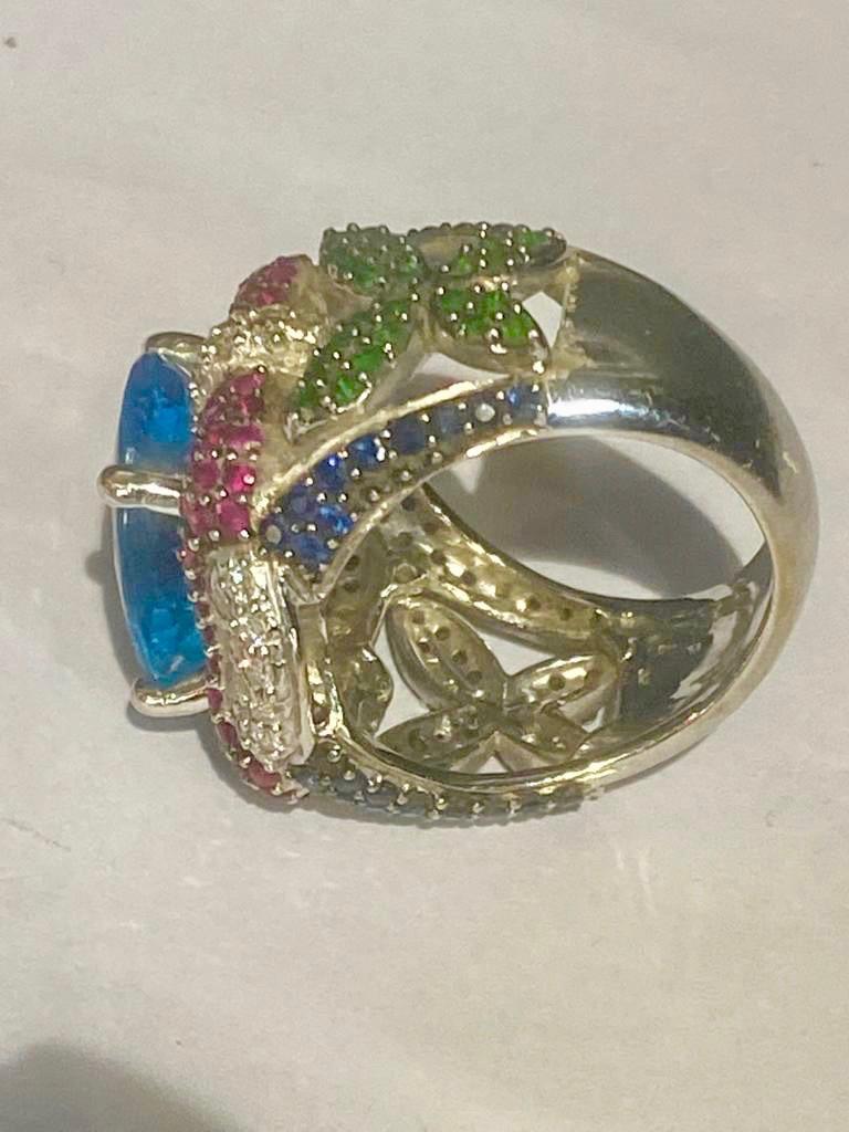 Women's or Men's Floral Cocktail Ring, Emerald, Ruby, Diamonds, Sapphire and Blue Topaz For Sale