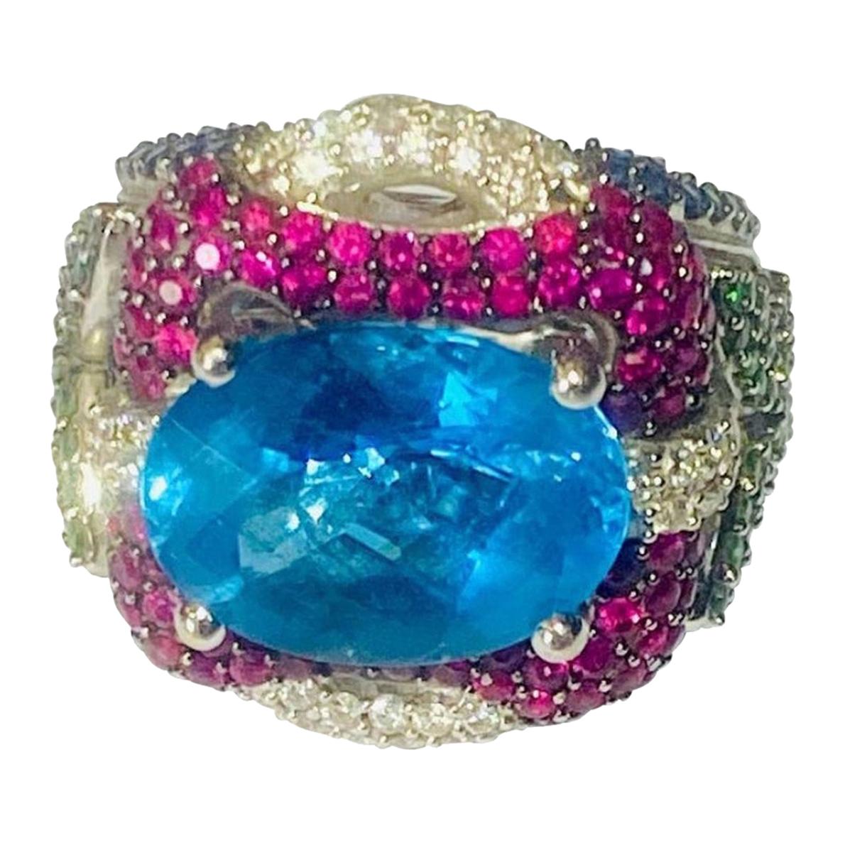 Floral Cocktail Ring, Emerald, Ruby, Diamonds, Sapphire and Blue Topaz For Sale