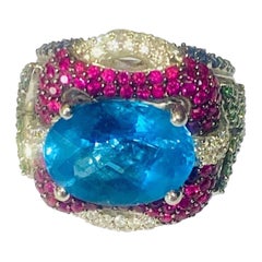 Floral Cocktail Ring, Emerald, Ruby, Diamonds, Sapphire and Blue Topaz