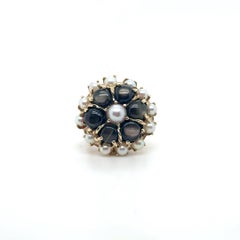 Floral Cocktail Ring with 6 Black Star Sapphires and Cultured Pearls
