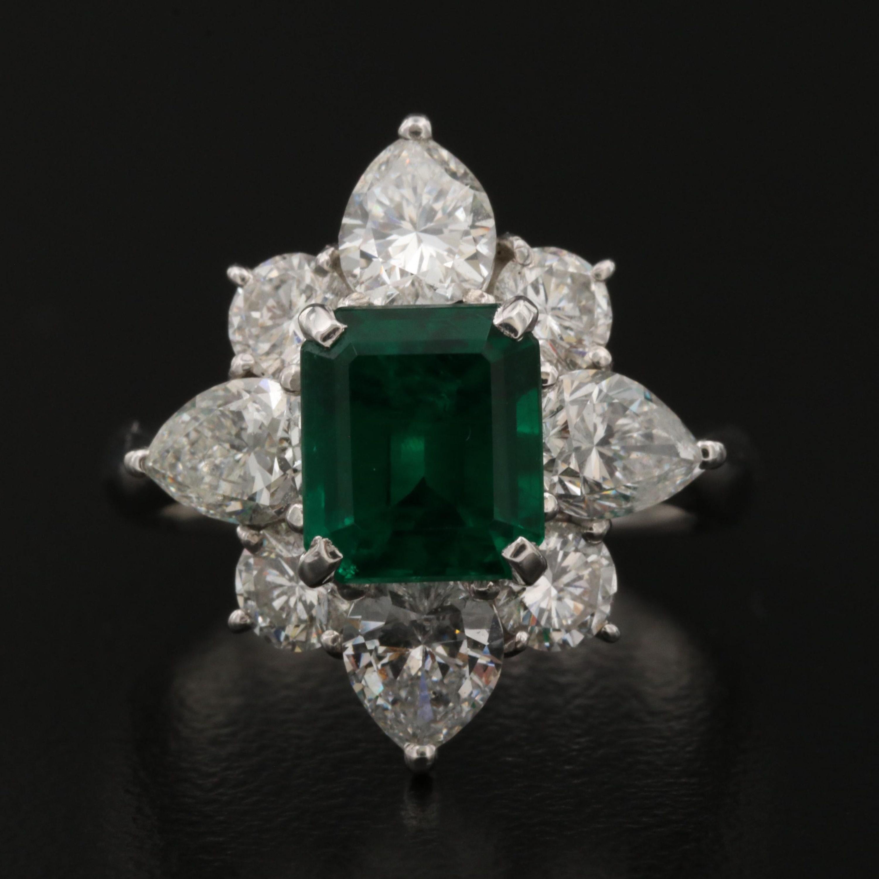 For Sale:  1.9 Carat Floral Emerald and Diamond Engagement Ring, White Gold Cocktail Ring 6