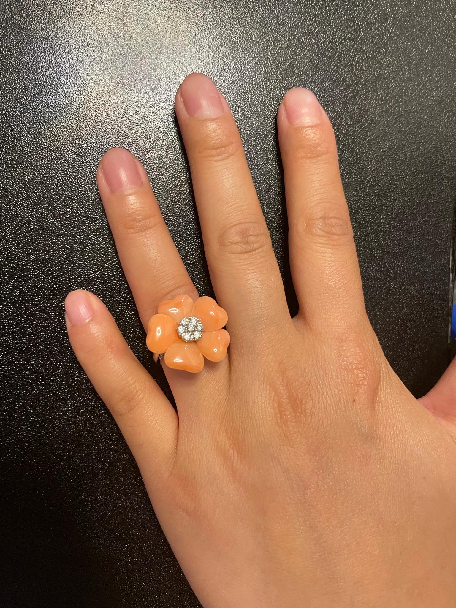 Round Cut Floral Coral Ring with 0.27 Ct. Diamonds, 18K White Gold