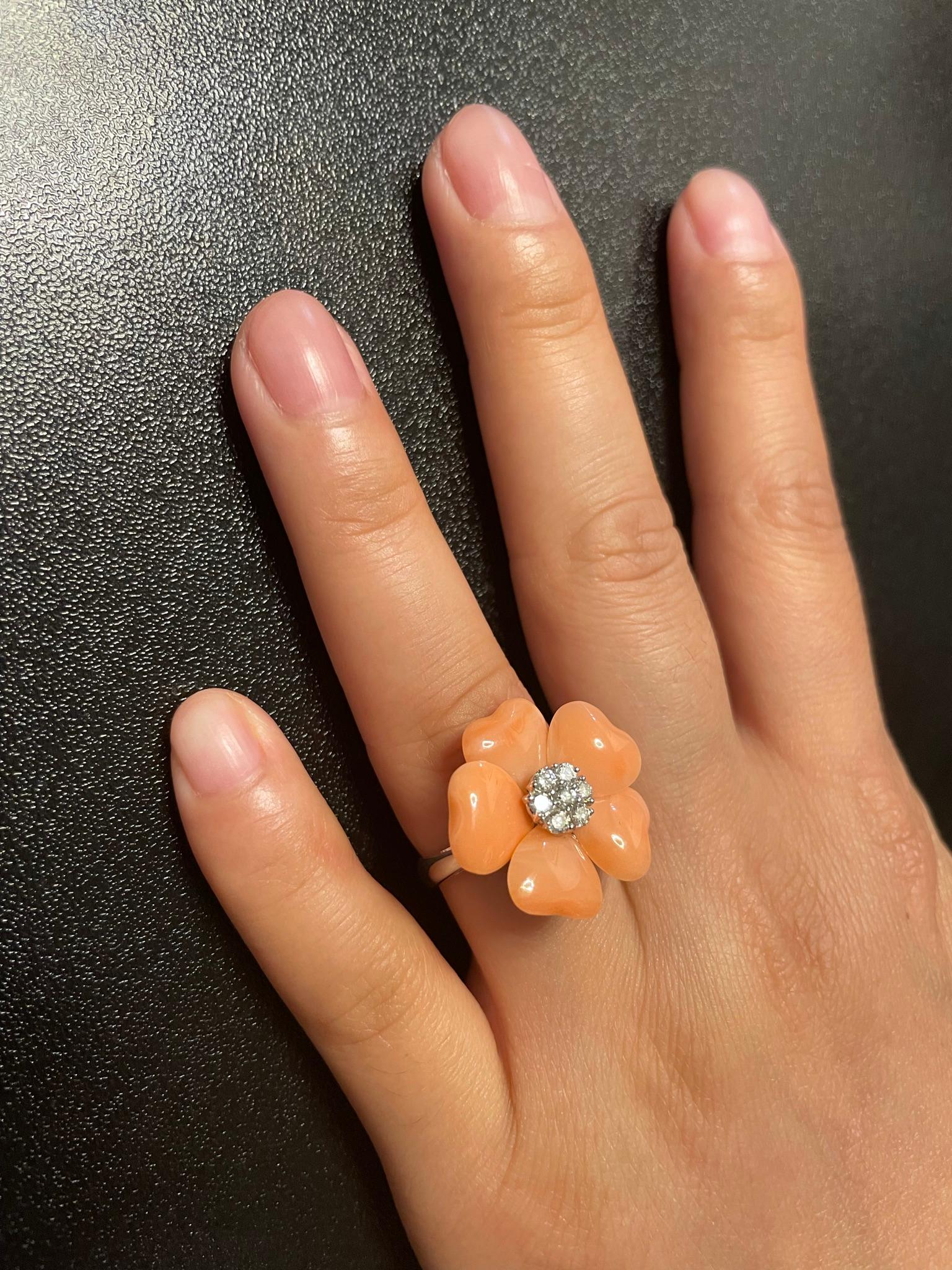 Floral Coral Ring with 0.27 Ct. Diamonds, 18K White Gold In Excellent Condition In New York, NY