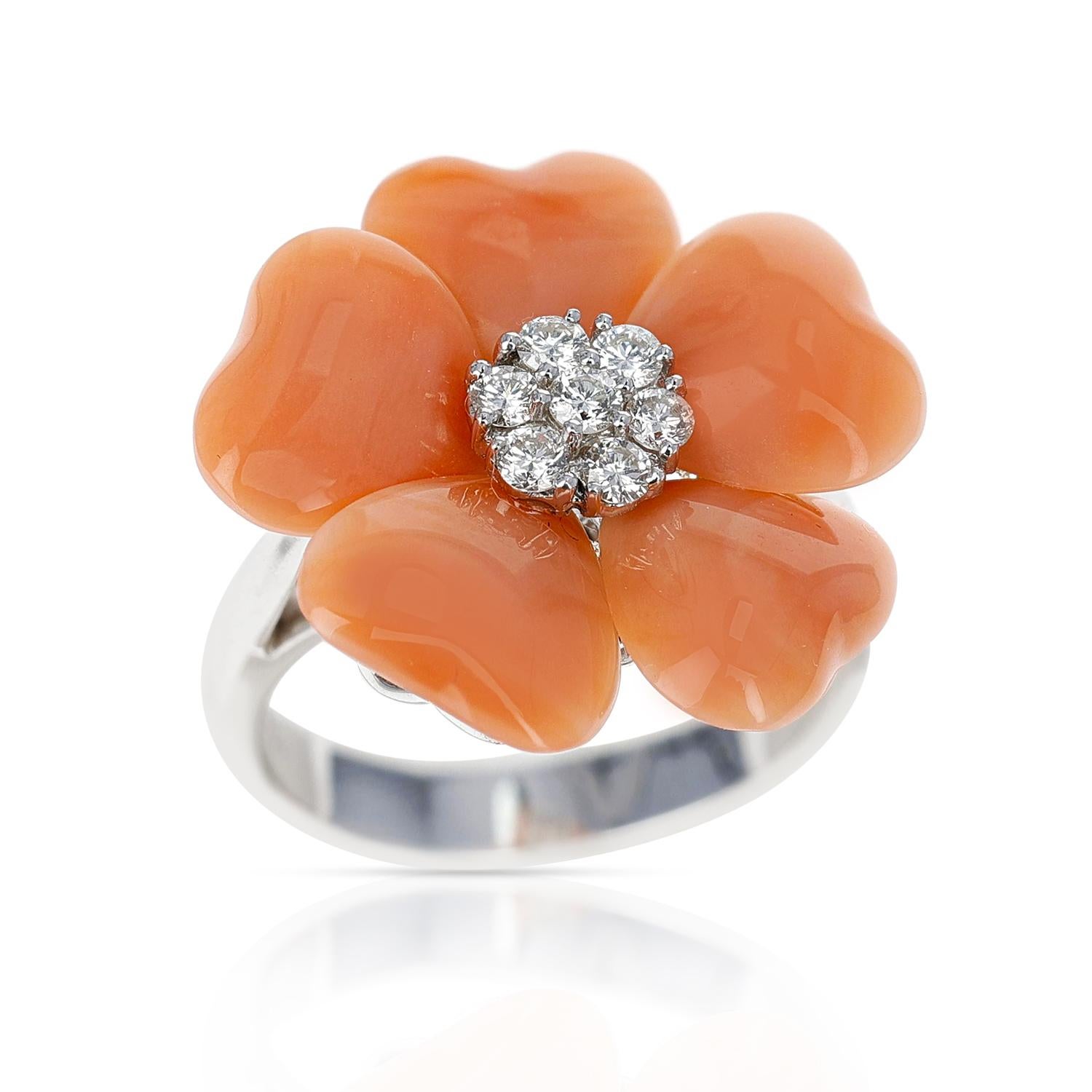 Women's or Men's Floral Coral Ring with 0.27 Ct. Diamonds, 18K White Gold