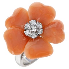 Floral Coral Ring with 0.27 Ct. Diamonds, 18K White Gold