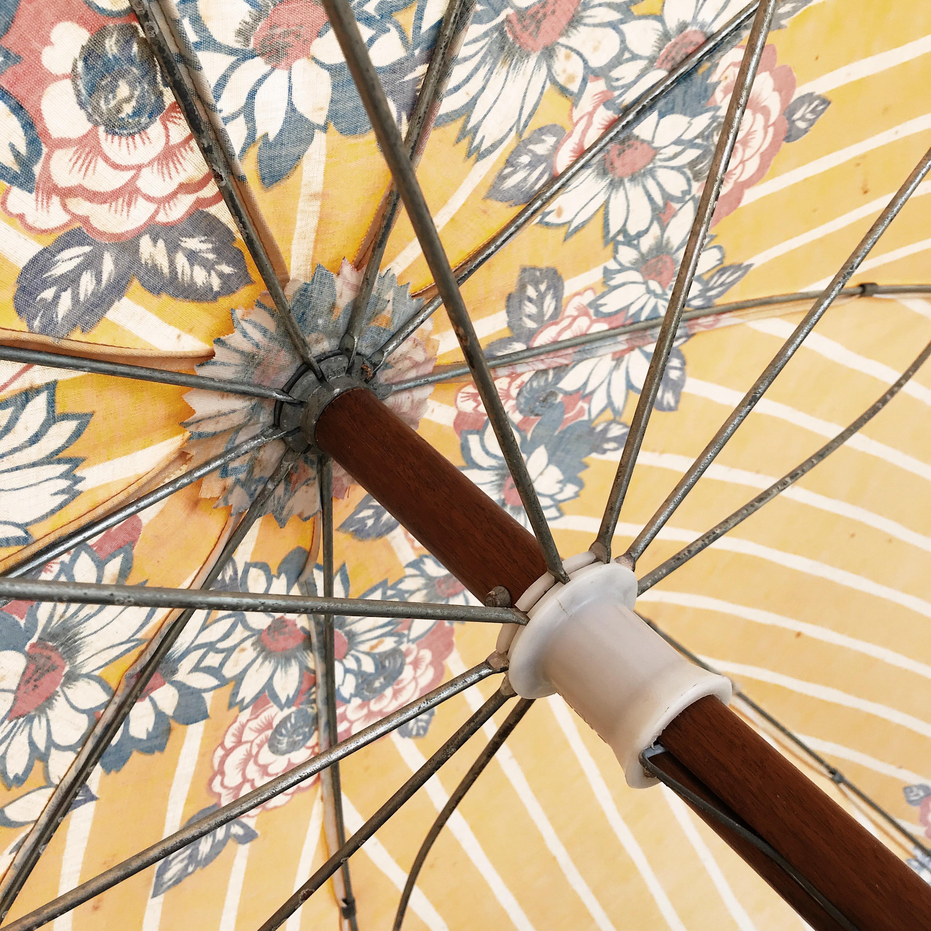 Dyed Floral Cotton Beach Umbrella with Wooden Pole and Metal Bottle Opener by Shelta For Sale