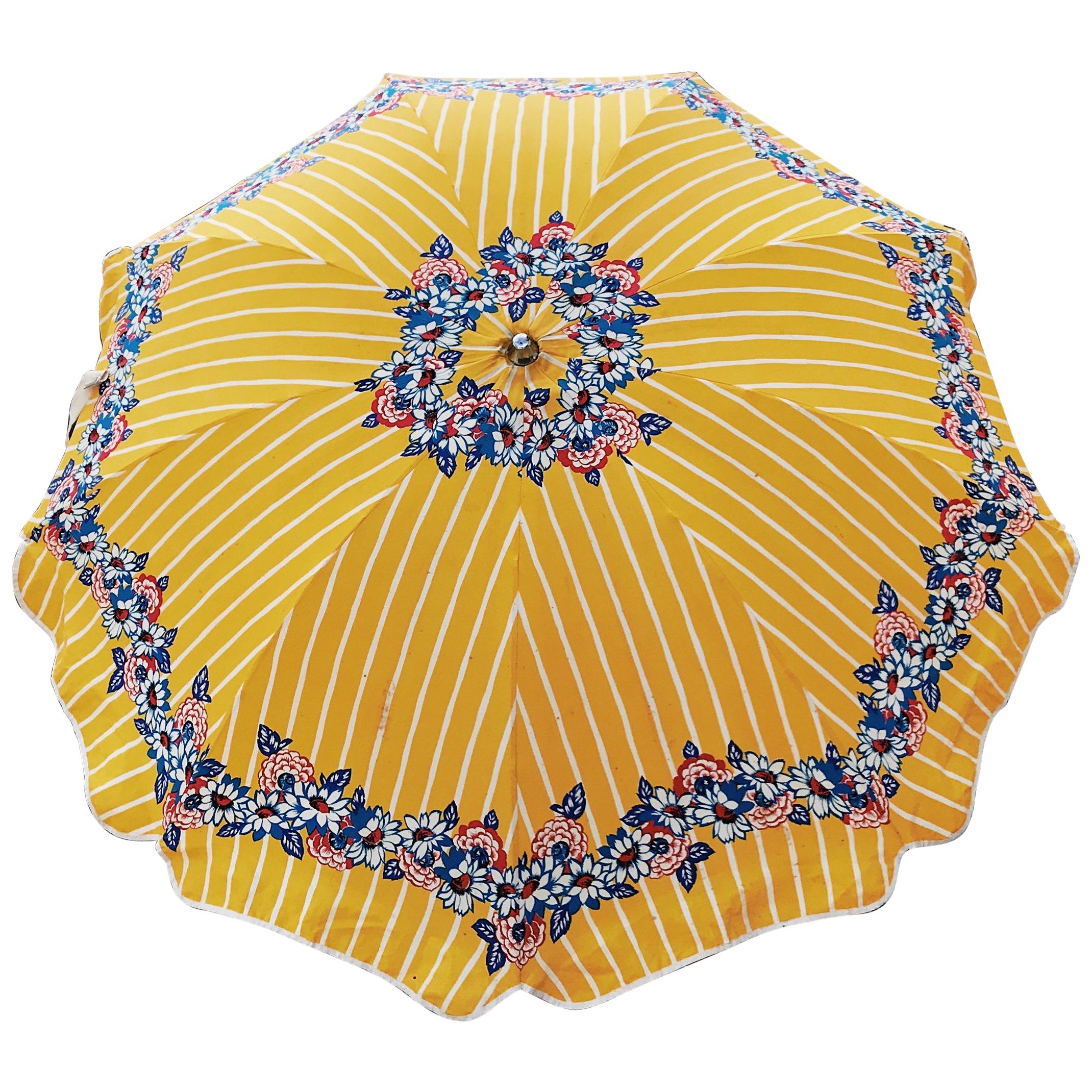 Floral Cotton Beach Umbrella with Wooden Pole and Metal Bottle Opener by Shelta For Sale