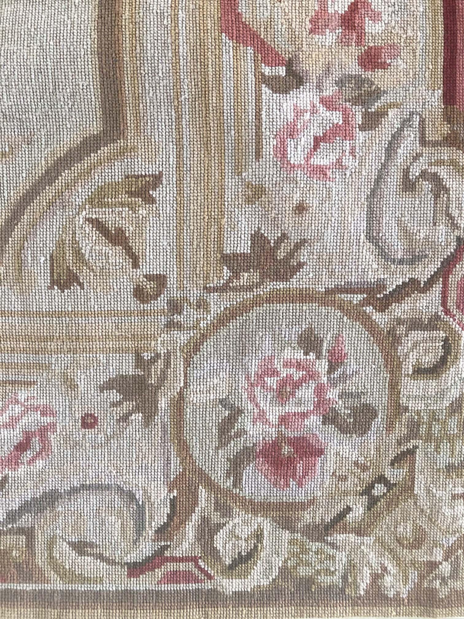 Handwoven flat-weave, with wool pile and wool foundation. This piece features a rose flower pedals, floral medallion design. This piece is from new which the pastel colors with historical French style will be a great addition in your room! The size