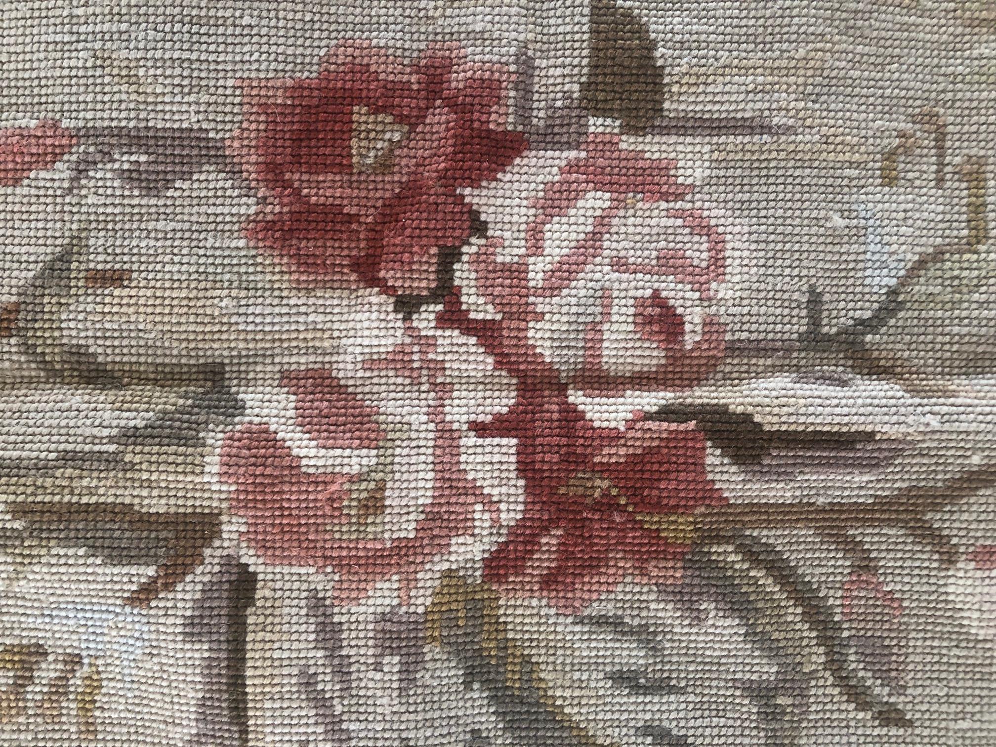Contemporary Floral Cream Needlepoint Chinese Tapestry Rug For Sale