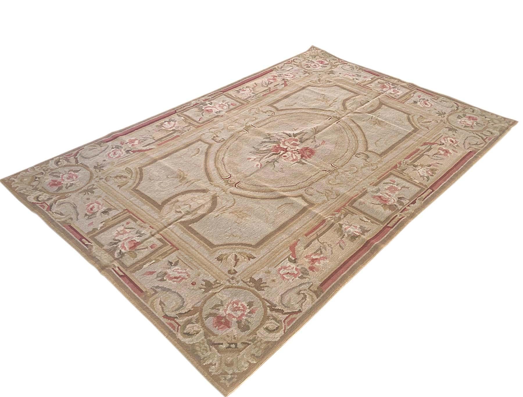 Floral Cream Needlepoint Chinese Tapestry Rug For Sale 1