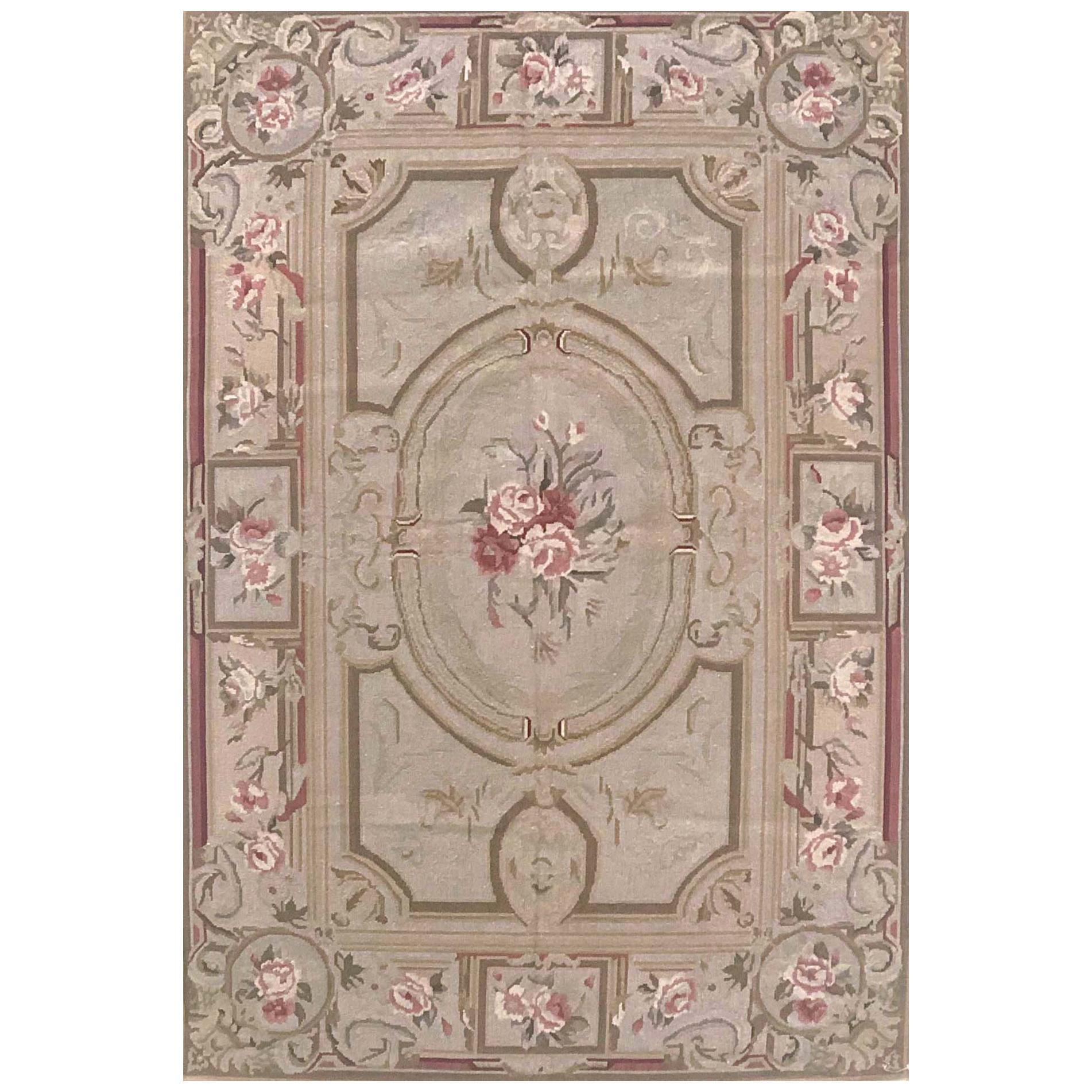 Floral Cream Needlepoint Chinese Tapestry Rug For Sale