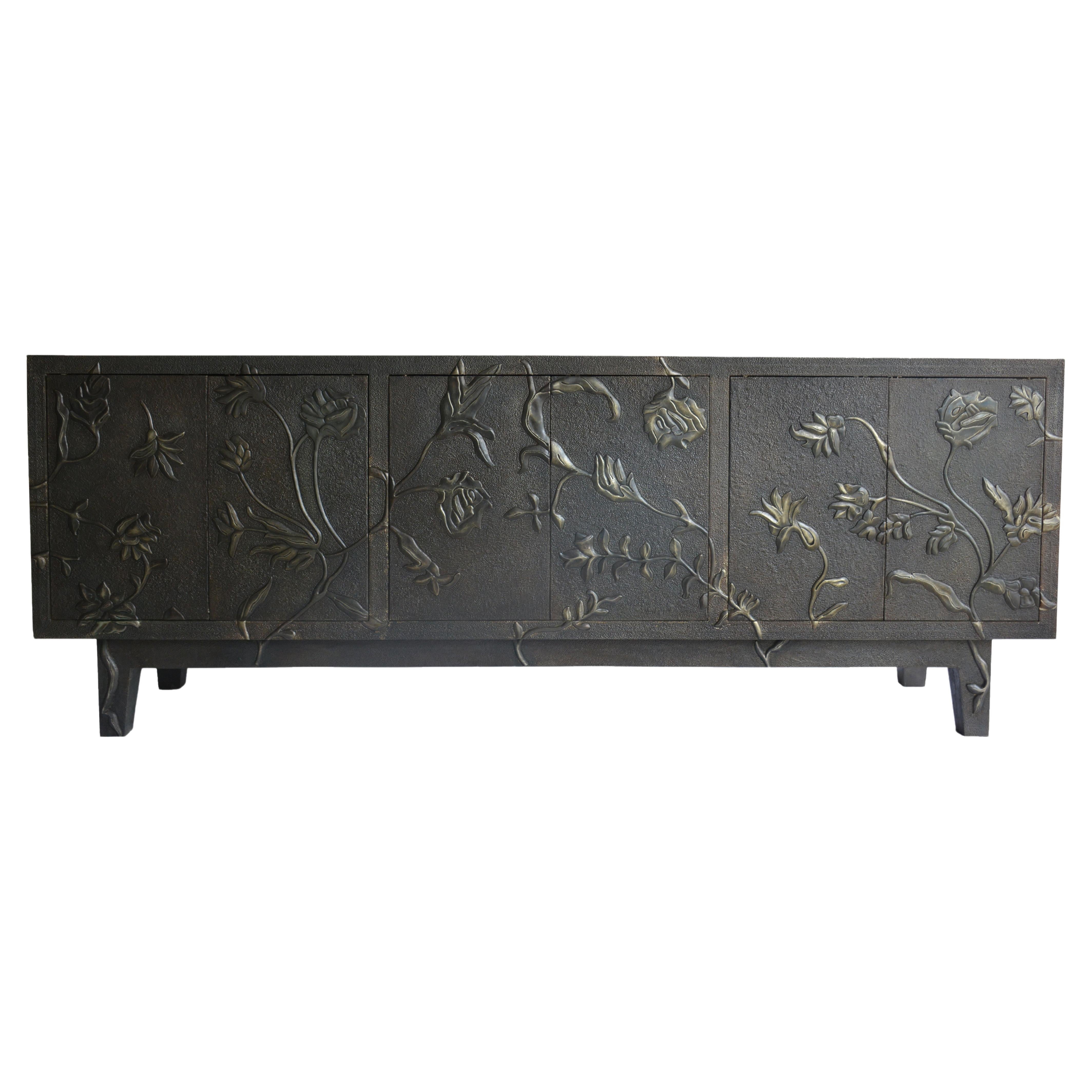 Floral Credenza in Antique White Bronze Clad Over MDF Handcrafted In India