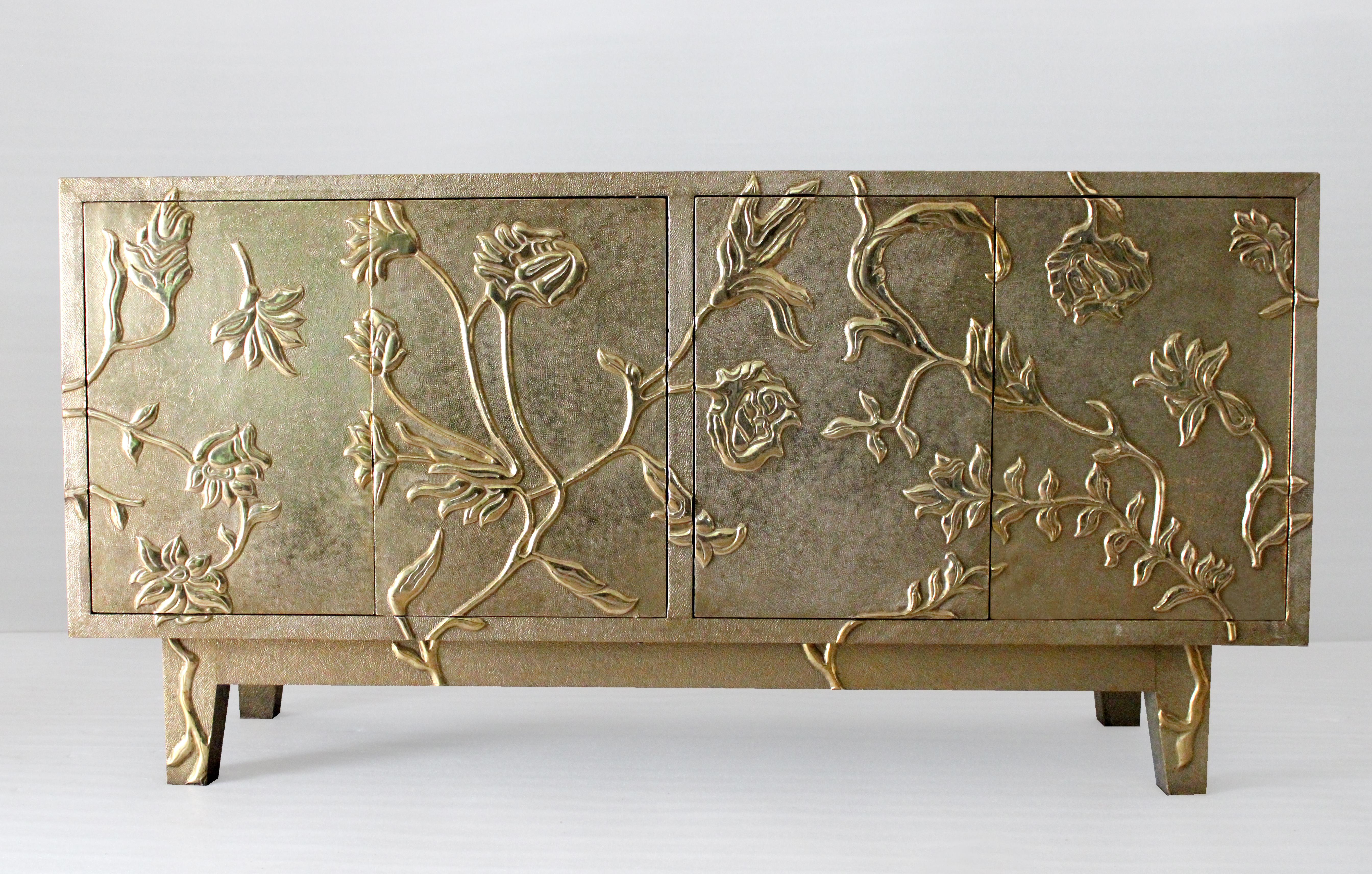 Other Floral Credenza in Brass Clad Handmade in India by Stephanie Odegard For Sale