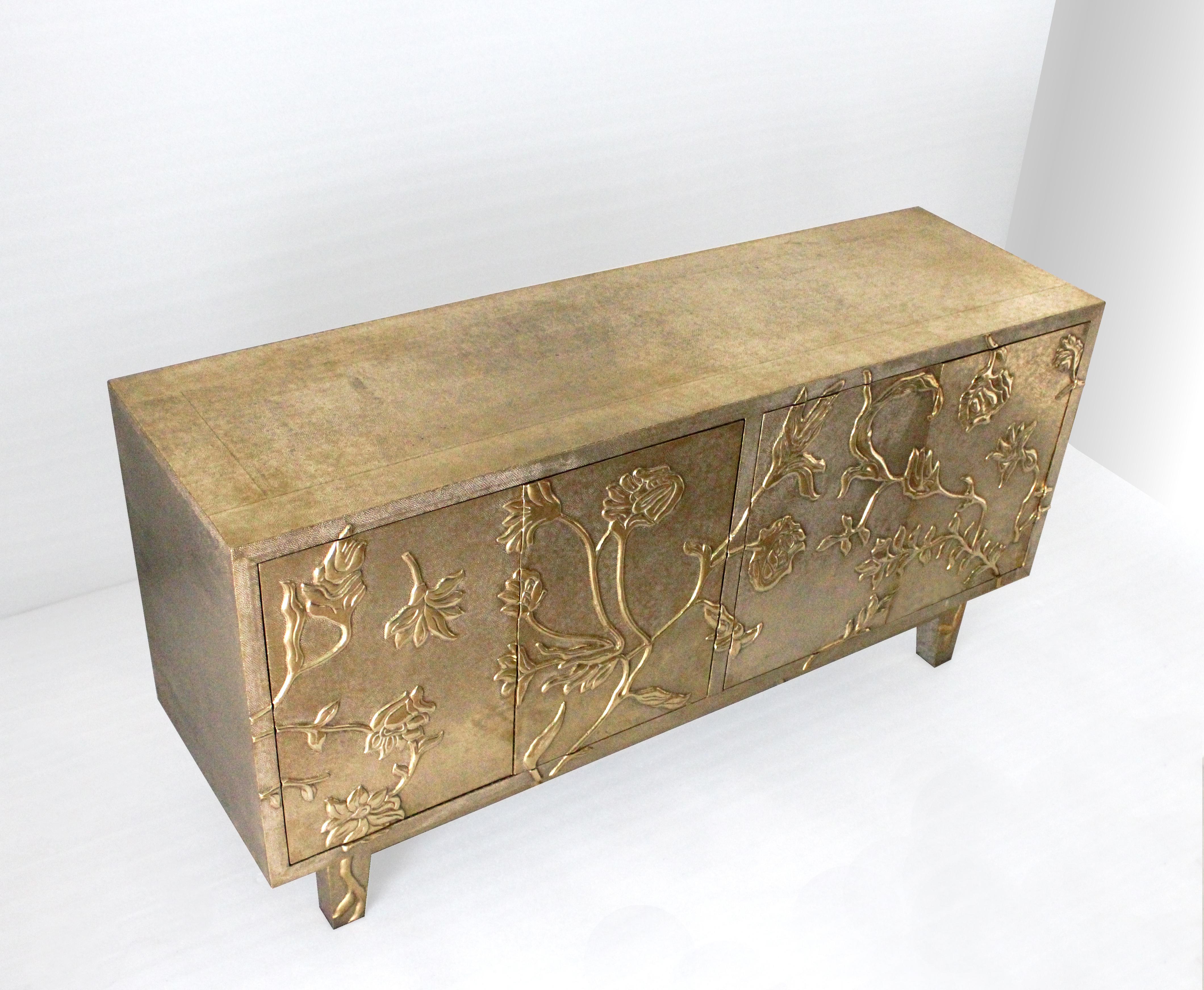 Hand-Carved Floral Credenza in Brass Clad Handmade in India by Stephanie Odegard For Sale