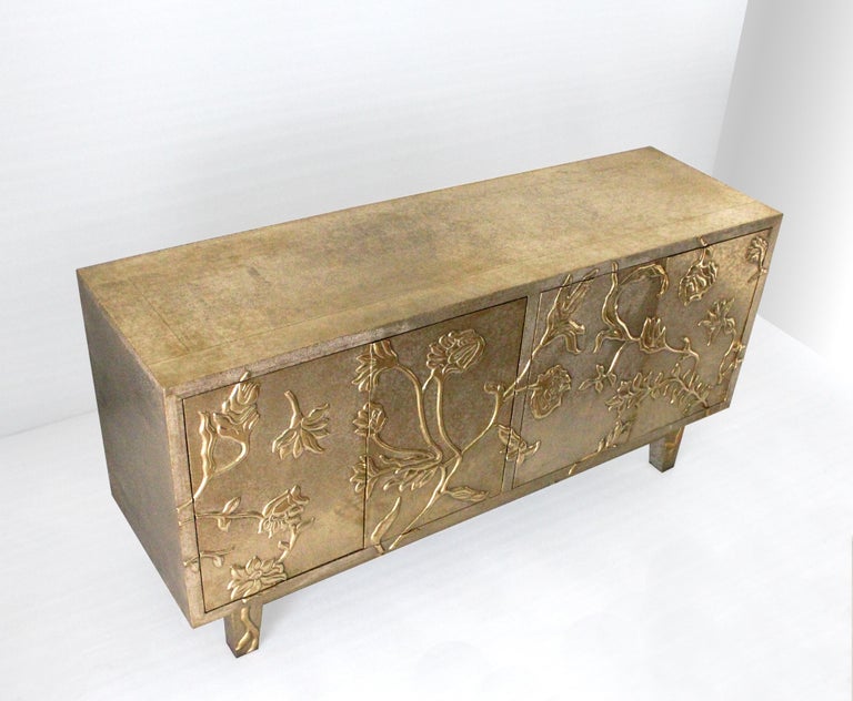 Contemporary Floral Credenza in Brass Clad Handmade in India by Stephanie Odegard For Sale