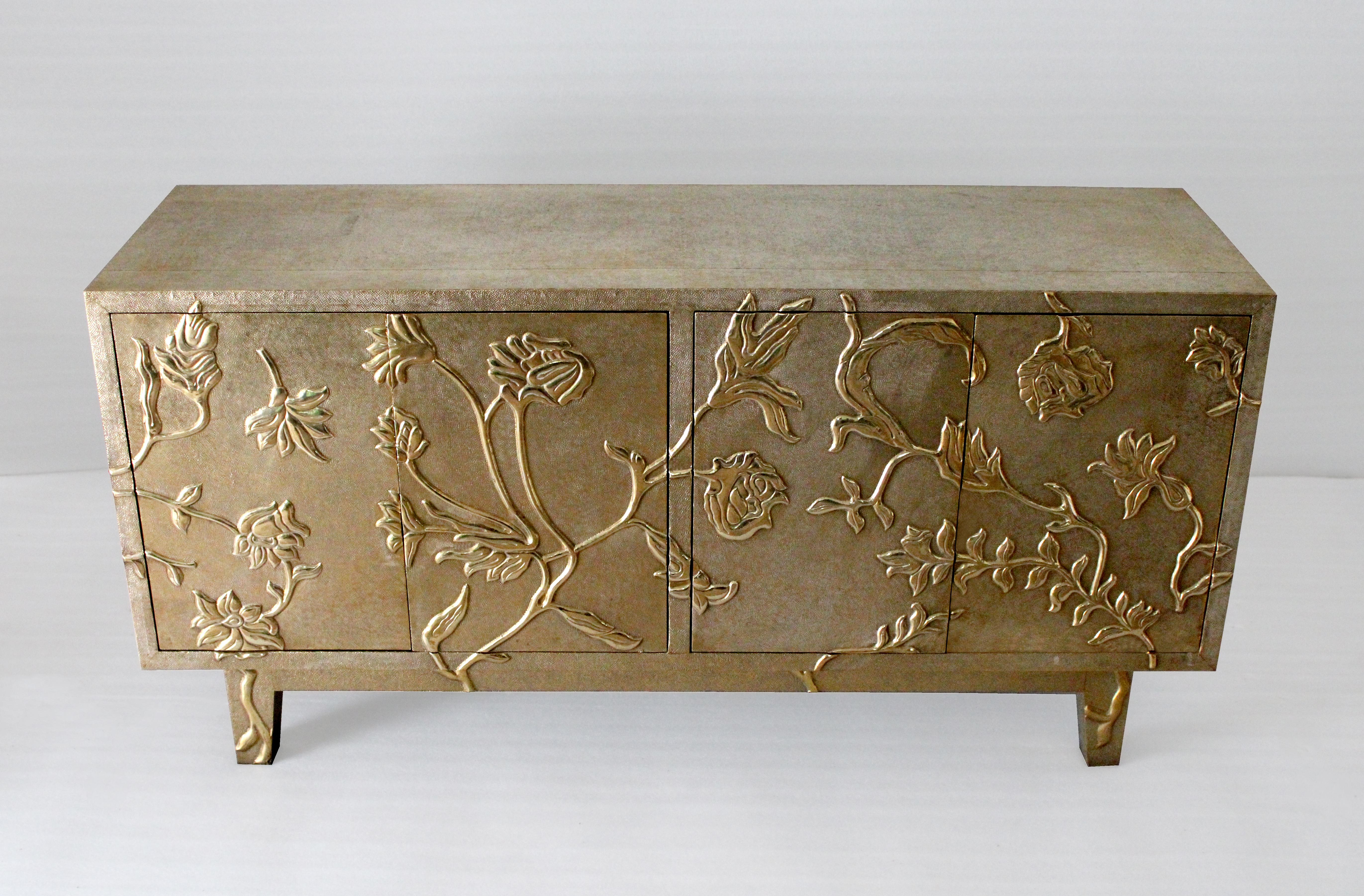 Floral Credenza in Brass Clad Handmade in India by Stephanie Odegard In New Condition For Sale In New York, NY