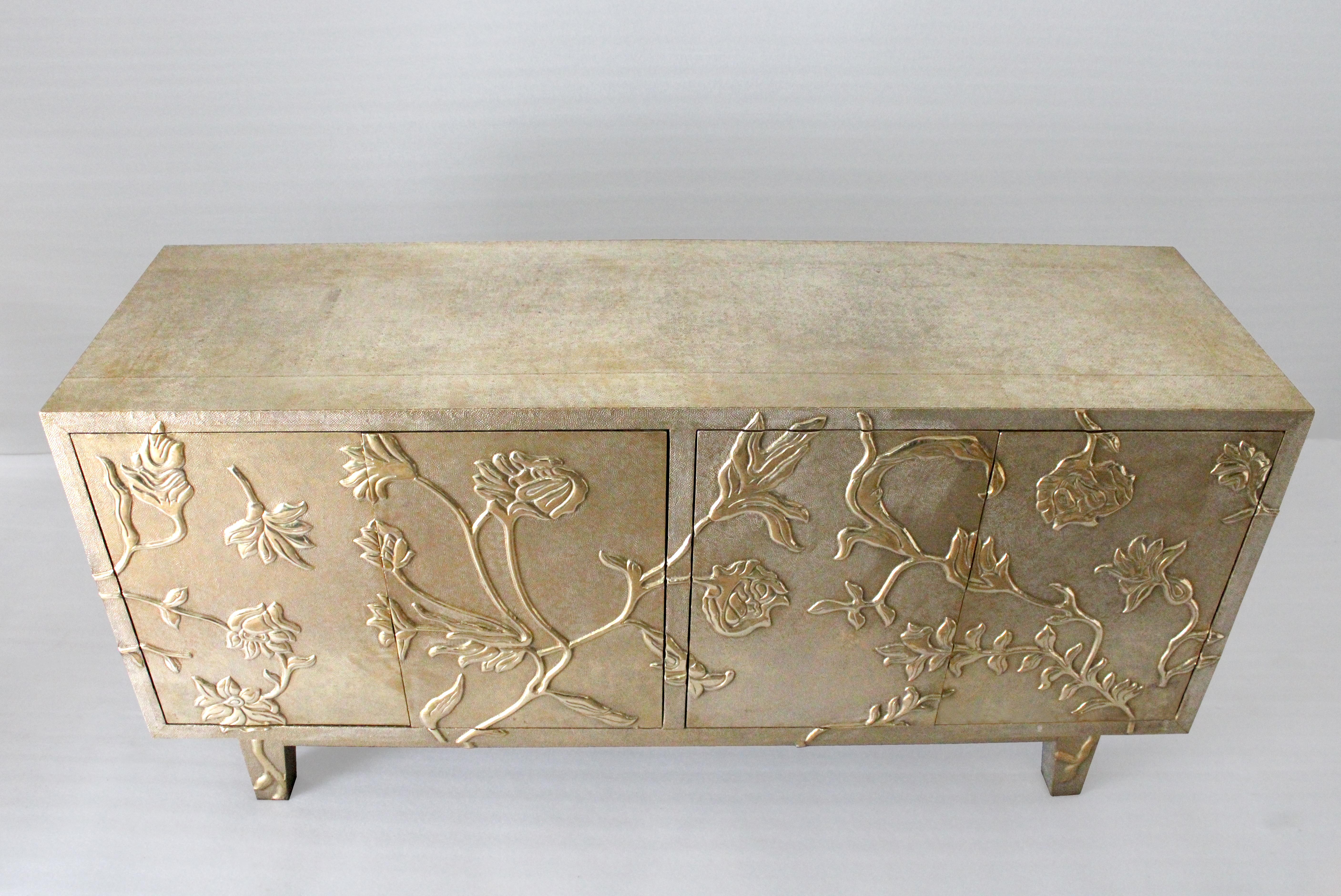 Contemporary Floral Credenza in Brass Clad Handmade in India by Stephanie Odegard For Sale