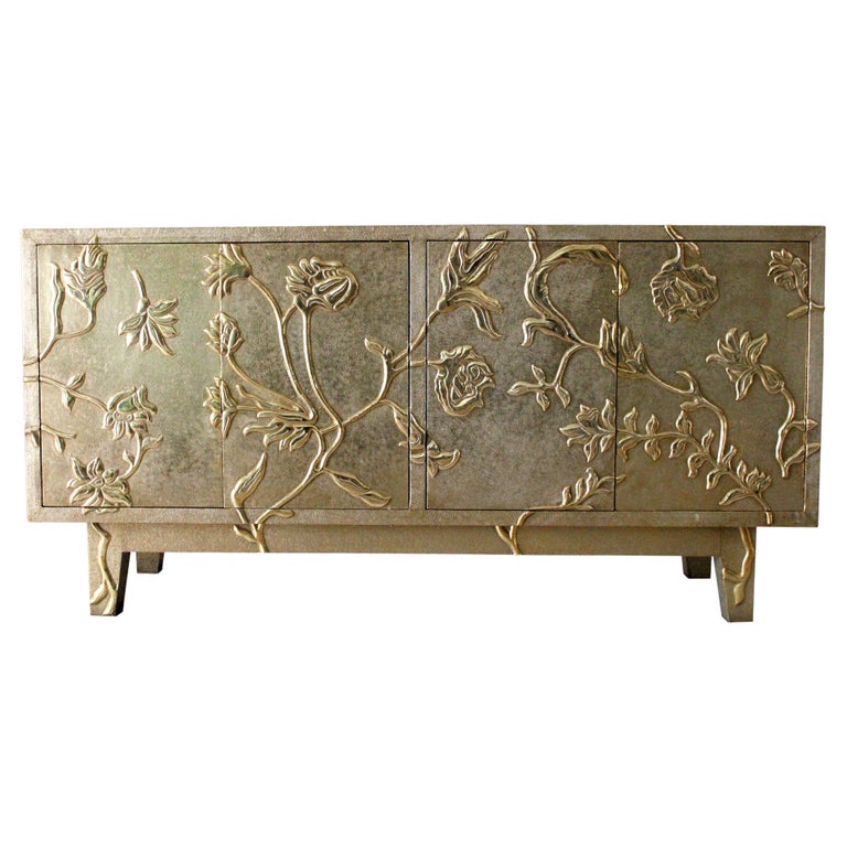 Floral Credenza in Brass Clad Handmade in India by Stephanie Odegard For Sale