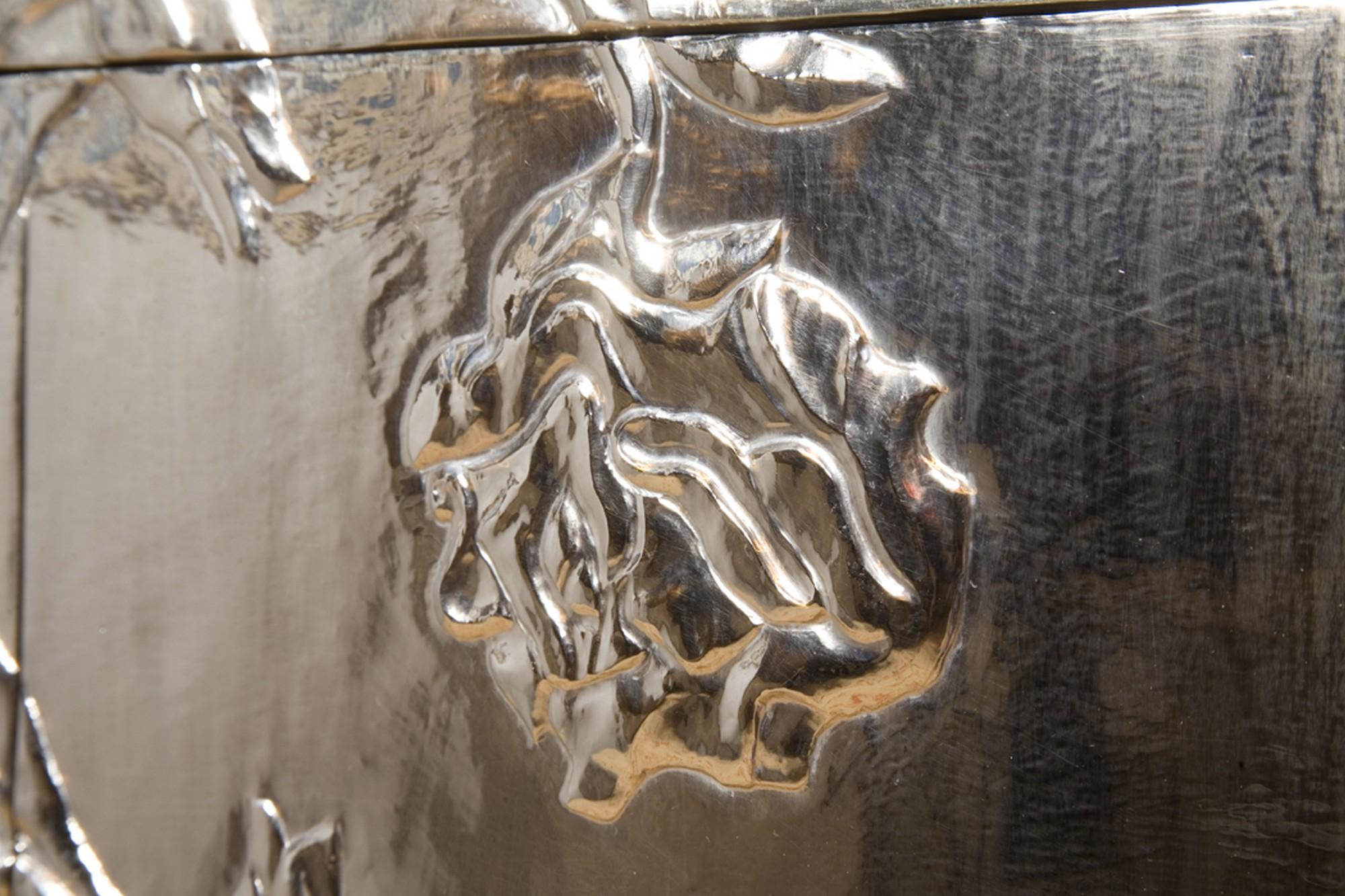 Floral Credenza in White Bronze Clad Over MDF Handcrafted In India For Sale 5