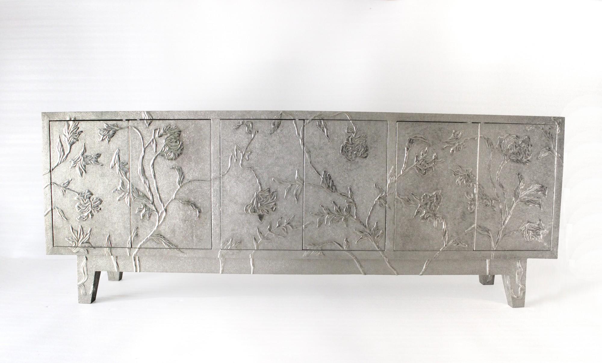Other Floral Credenza in White Bronze Clad Over MDF Handcrafted In India For Sale