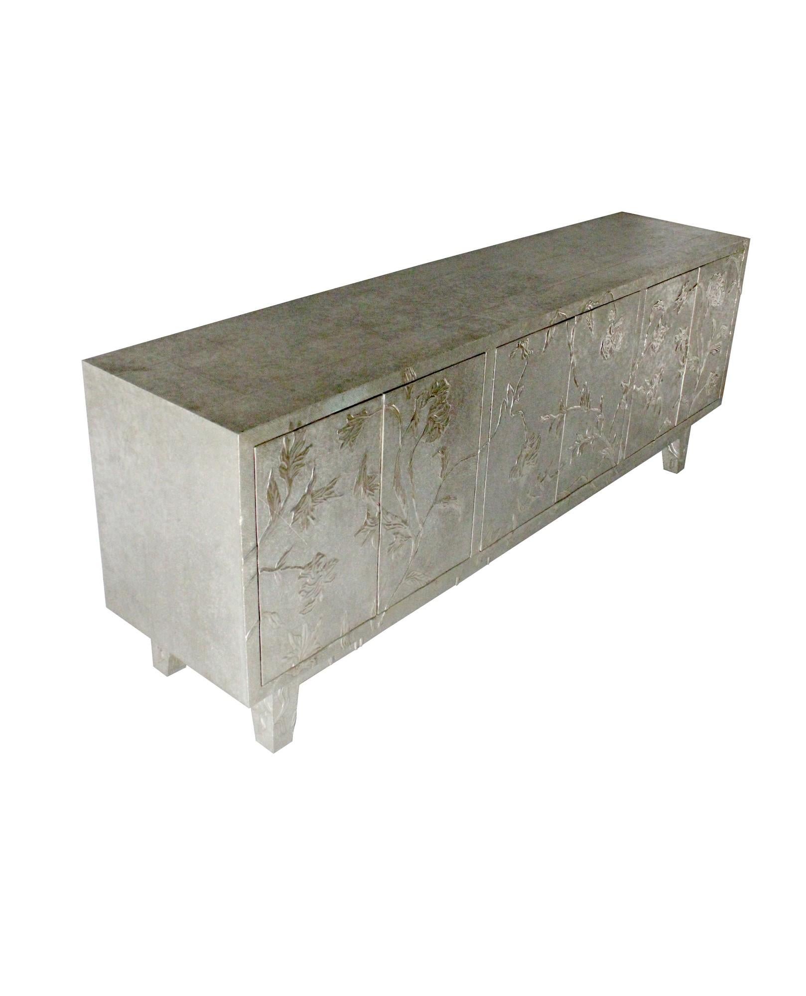 Indian Floral Credenza in White Bronze Clad Over MDF Handcrafted In India For Sale