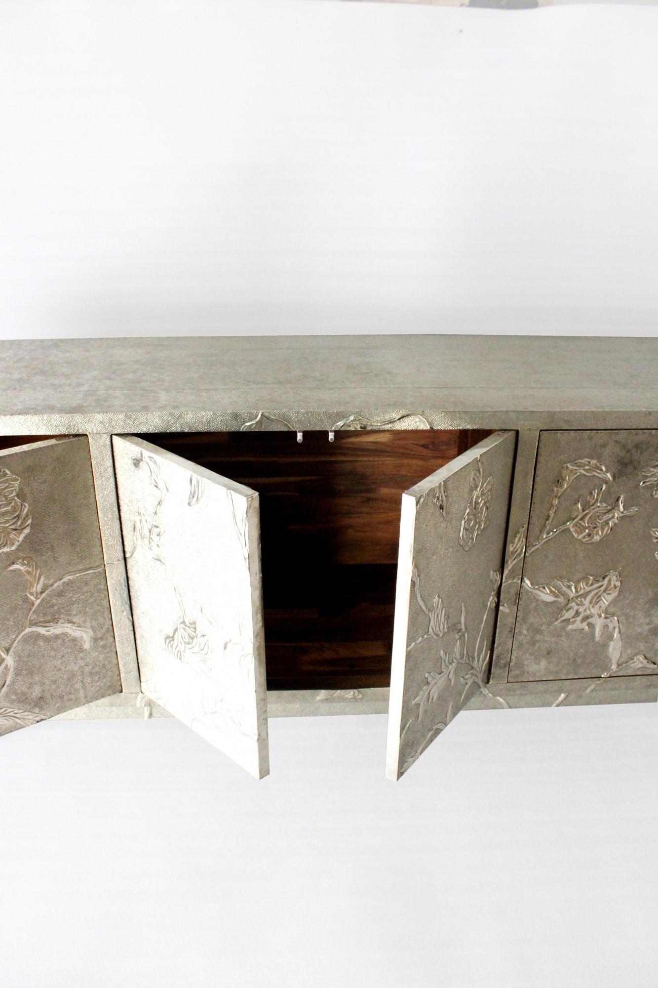 Teak Floral Credenza in White Bronze Clad Over MDF Handcrafted In India For Sale