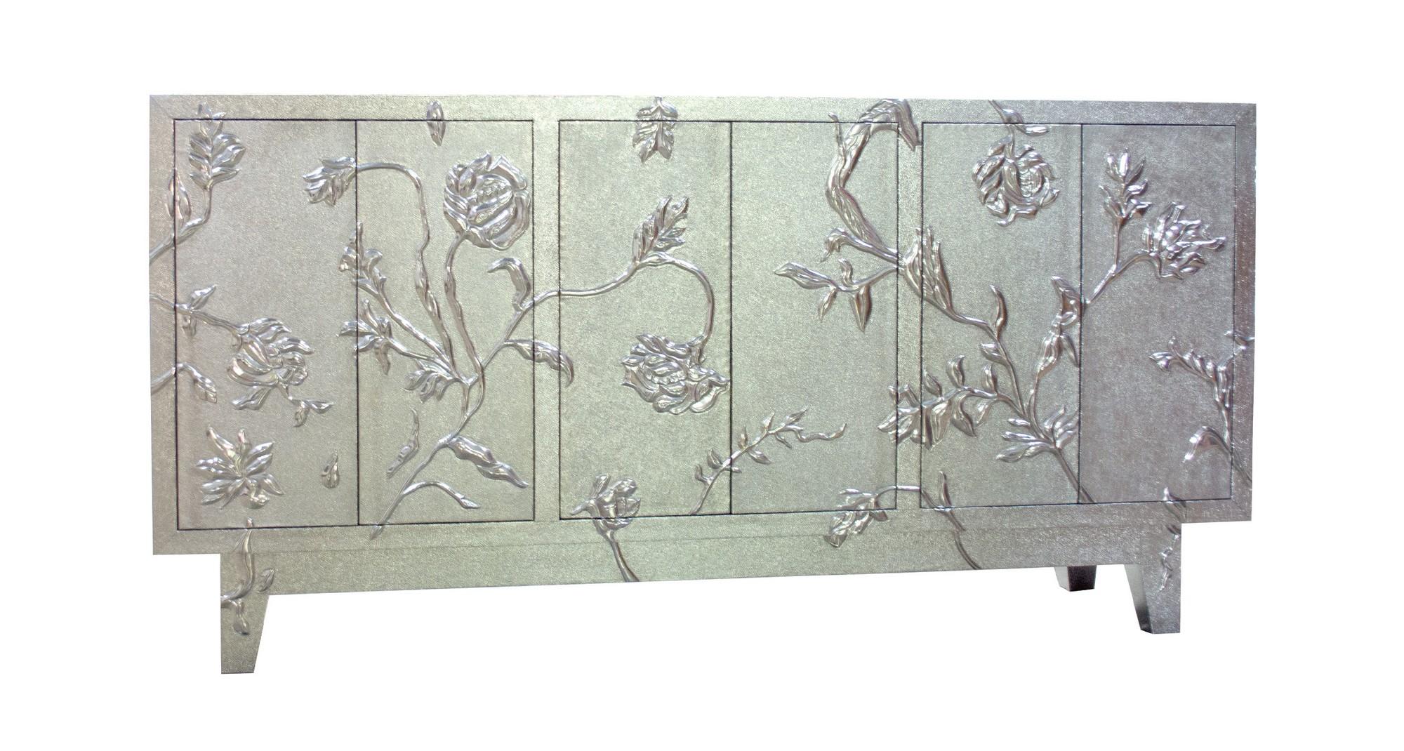 Floral Credenza in White Bronze Clad Over Teakwood Handcrafted In India For Sale 1