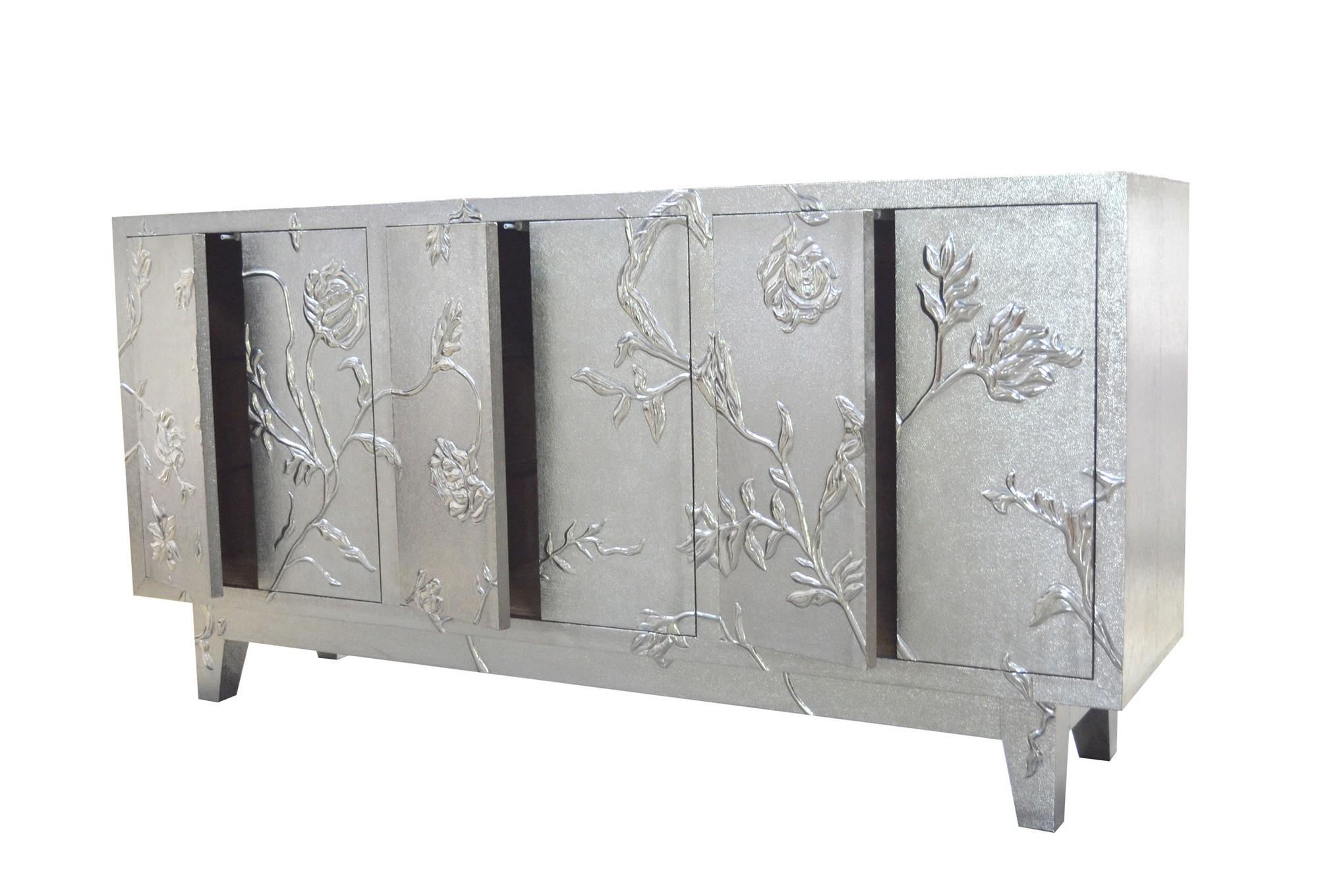 Floral Credenza in White Bronze Clad Over Teakwood Handcrafted In India For Sale 2