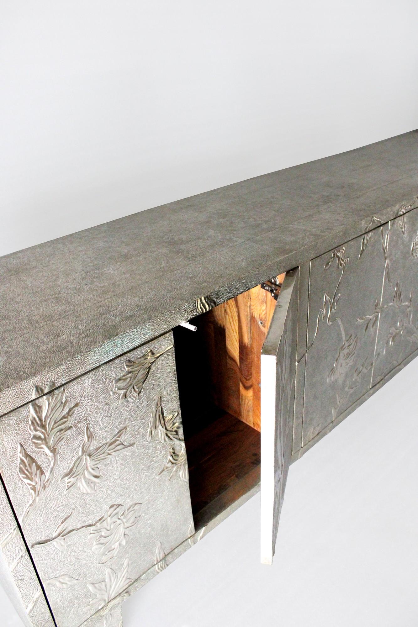 Hand-Carved Floral Credenza in White Bronze Clad Over Teakwood Handcrafted In India For Sale