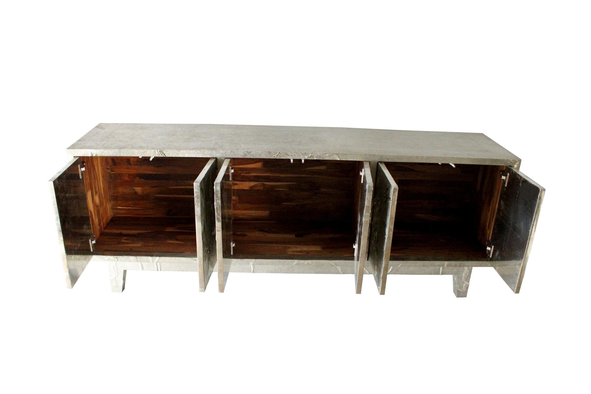 Floral Credenza in White Bronze Clad Over Teakwood Handcrafted In India In New Condition For Sale In New York, NY