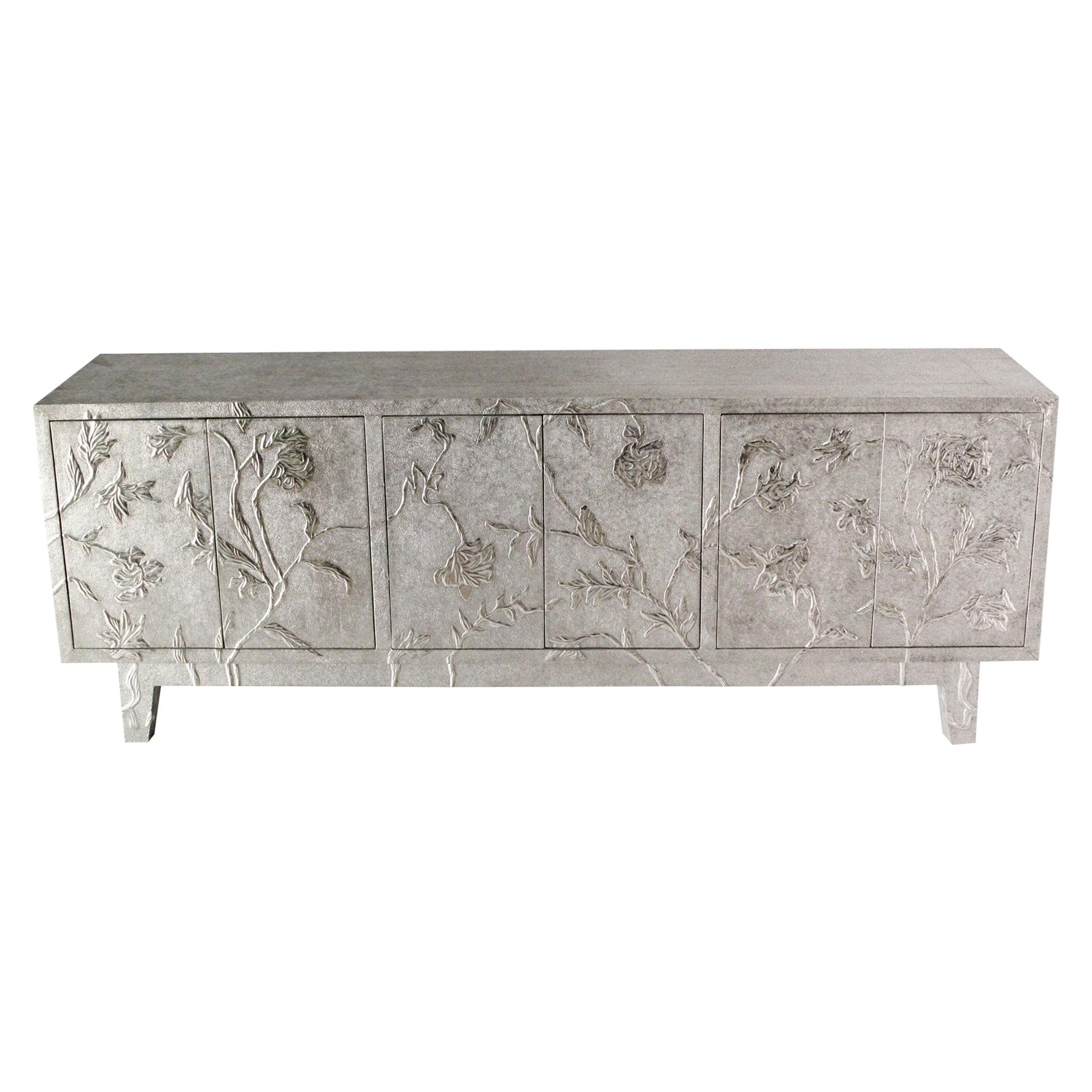 Floral Credenza in White Bronze Clad Over Teakwood Handcrafted In India