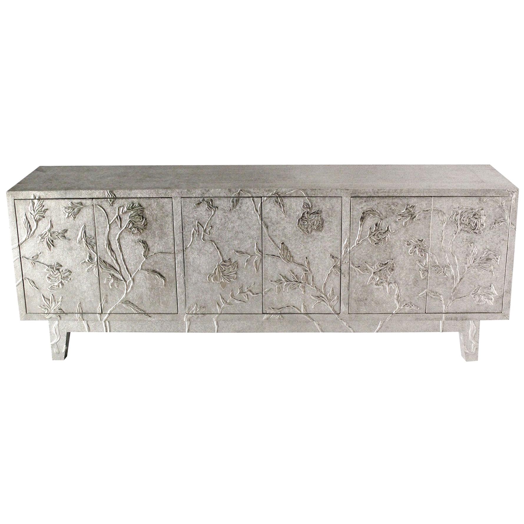 Floral Credenza in White Bronze Clad Over MDF Handcrafted In India For Sale