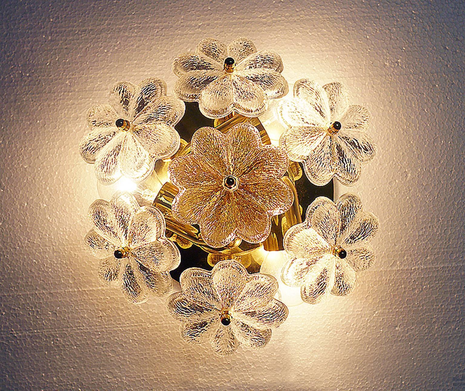 Mid-20th Century 1 (of 2) Floral Crystal & Brass Flush Mount Chandelier by Ernst Palme for Palwa For Sale