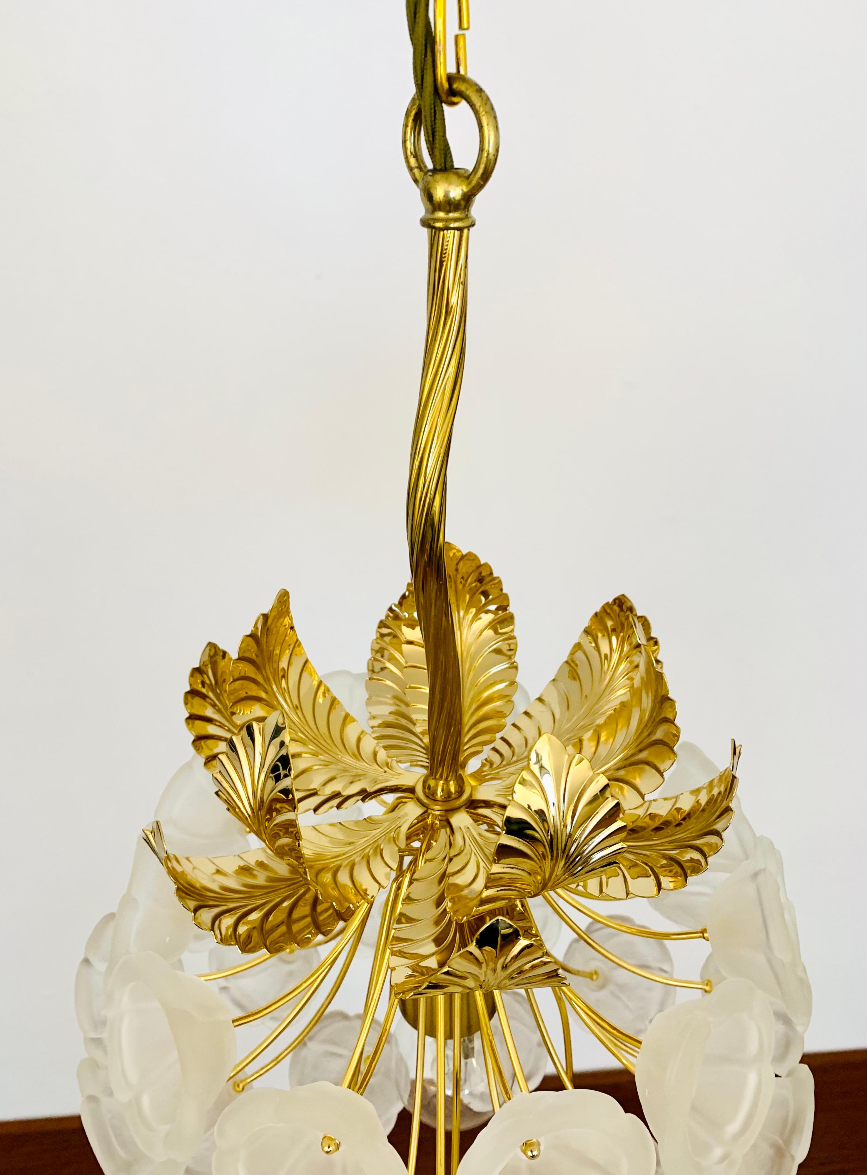 Metal Floral Crystal Glass Chandelier by Ernst Palme For Sale
