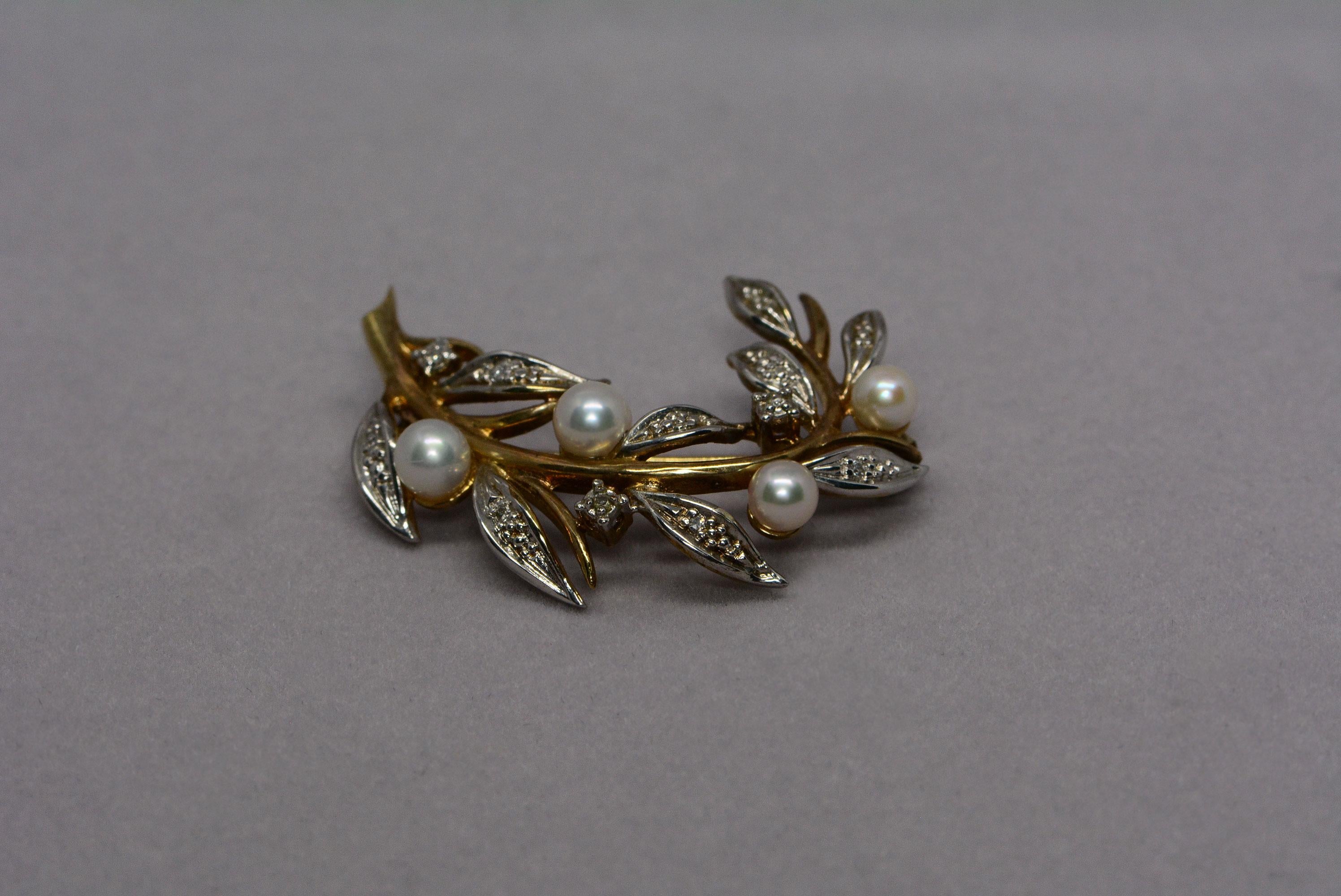 Modern Floral Cultured Pearl and Diamond 9 Karat Gold Brooch and Earrings