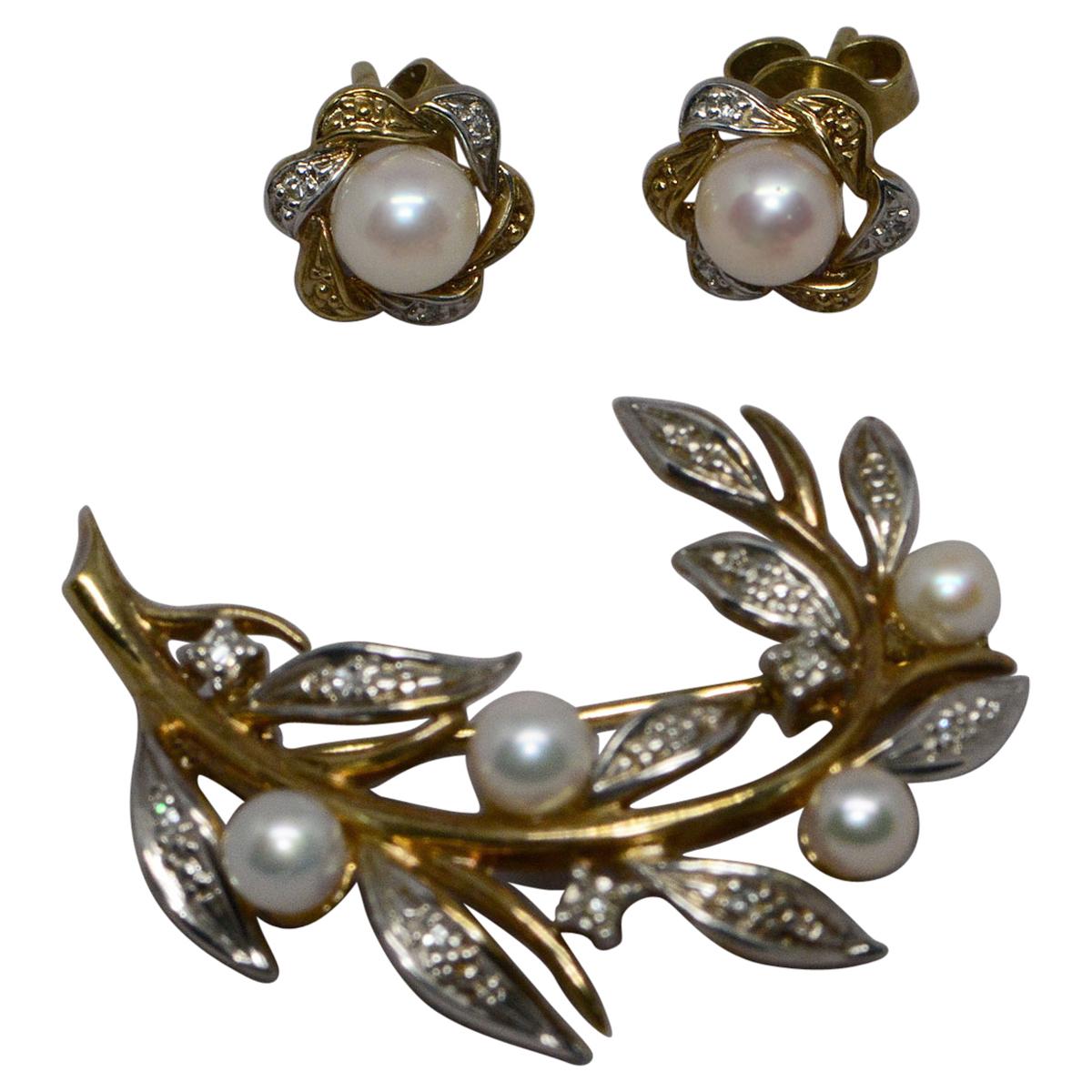 Floral Cultured Pearl and Diamond 9 Karat Gold Brooch and Earrings