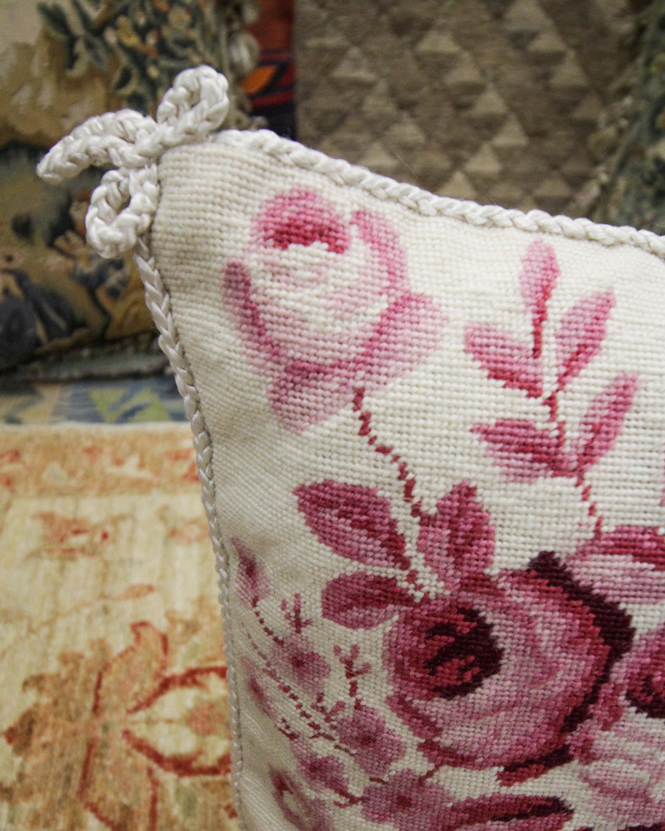 Aubusson Floral Cushion Cover Hand Embroidered Pillow Case Pink Wool Scatter Cushion For Sale