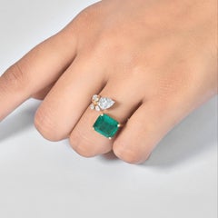 4.2 Carat Emerald-Cut Natural Emerald Pear Diamond Bypass Ring, 14k Yellow Gold