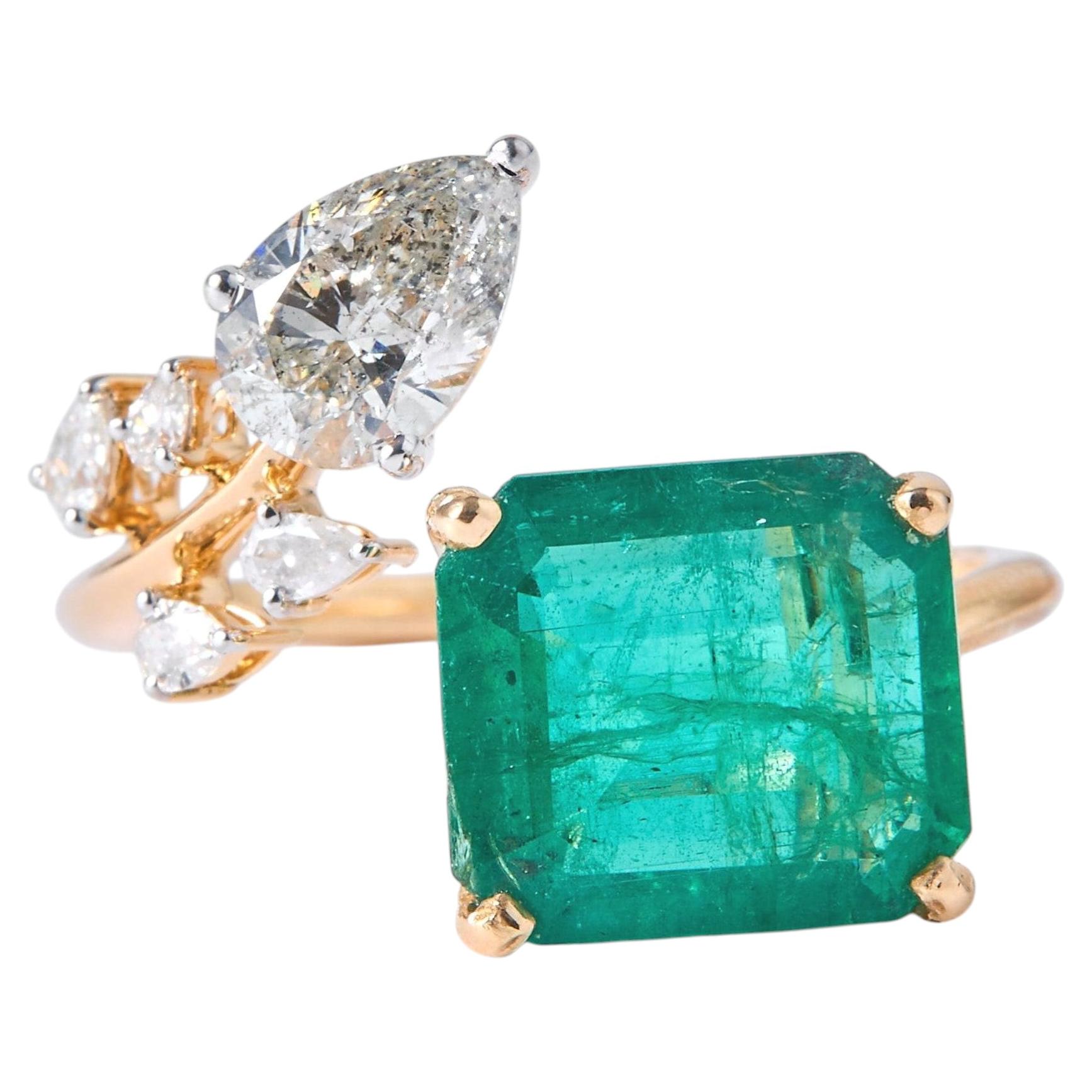 Floral Cushion Emerald Natural Diamond Bypass Ring in 14K Solid Gold (Certified)